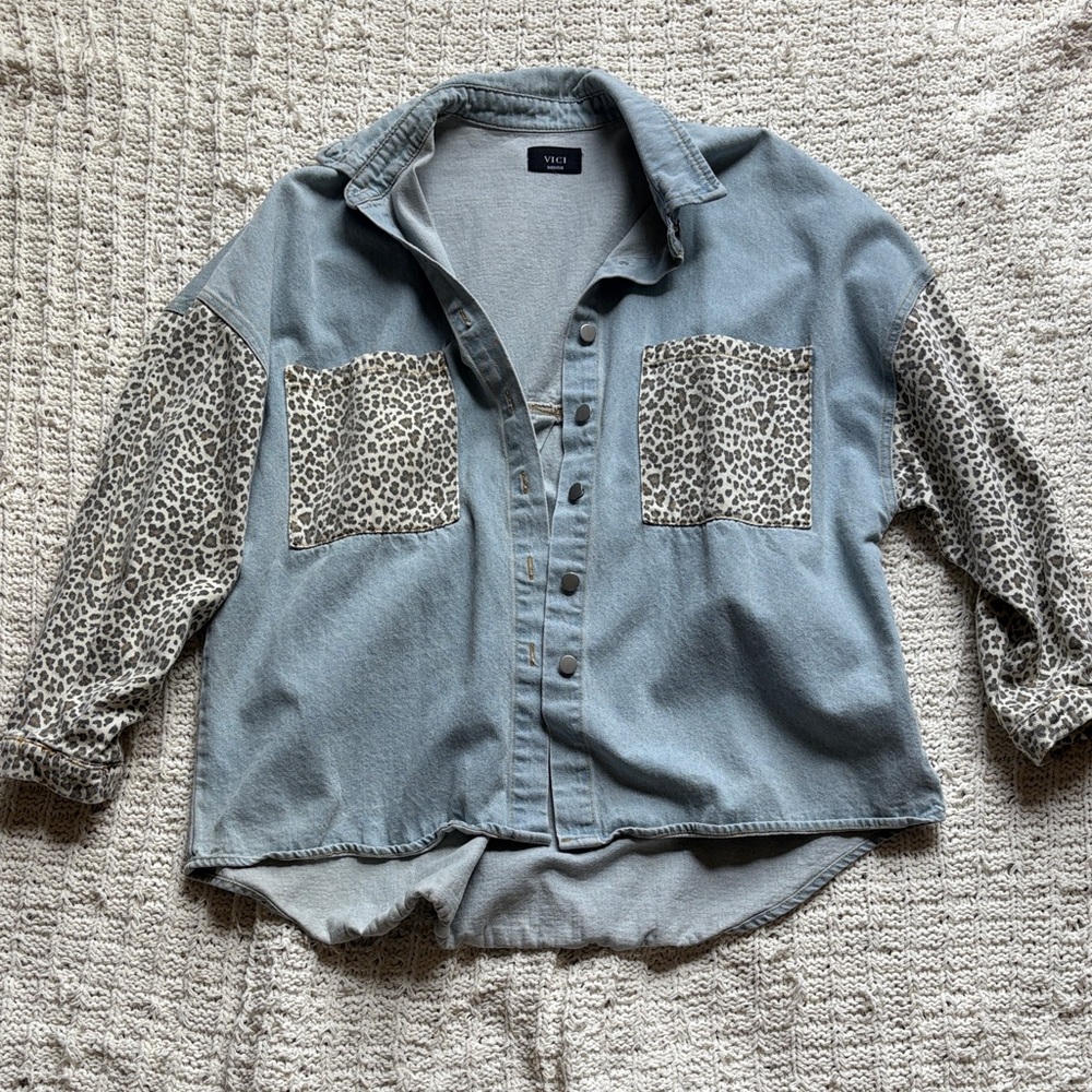 Denim Leopard Button Down Shirt